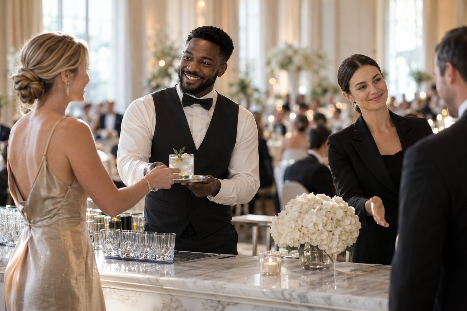 A bartender and usher warmly attending to guests at an elegant celebration