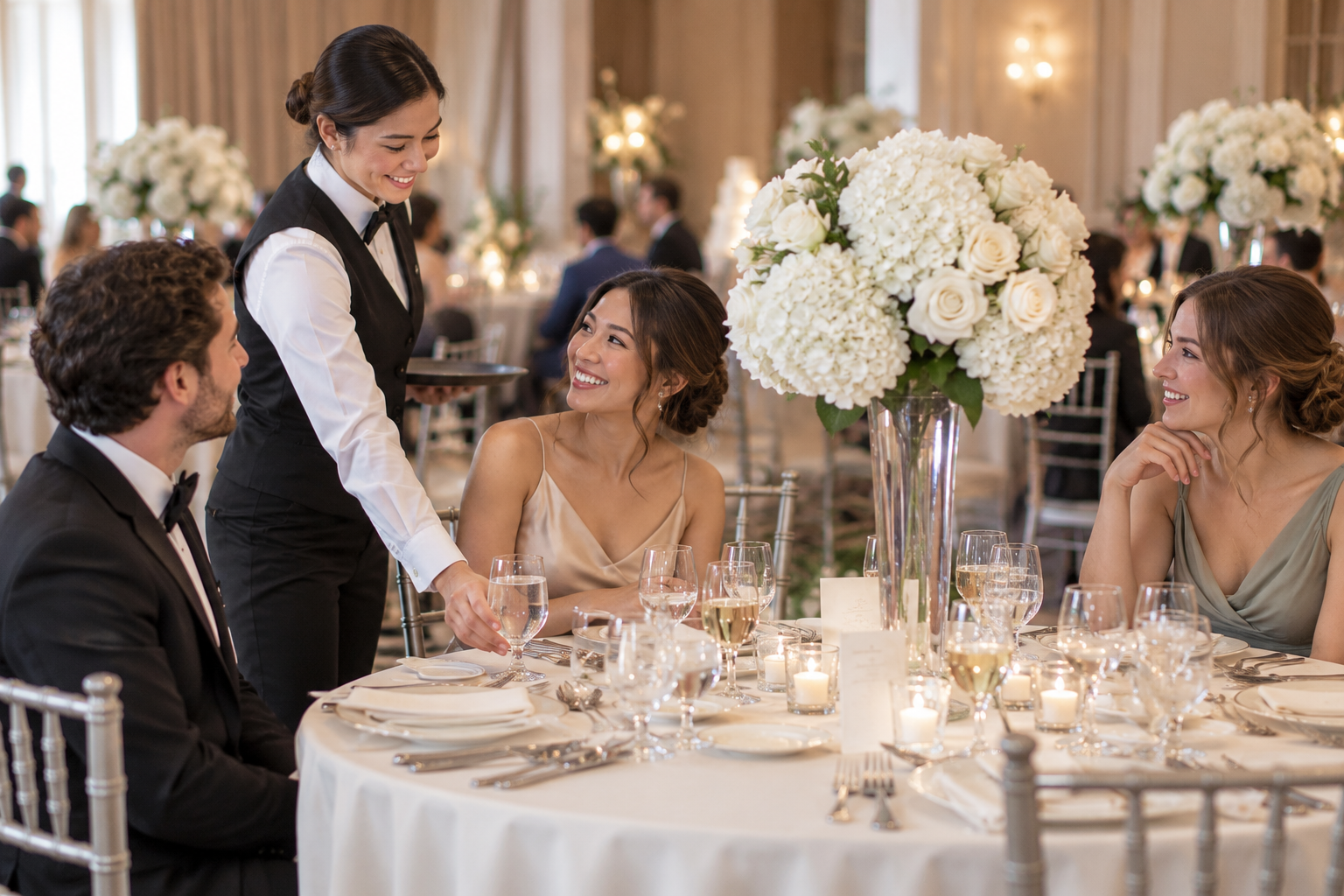 A professional server attending to three guests at an elegant wedding table, with the reception softly blurred behind them